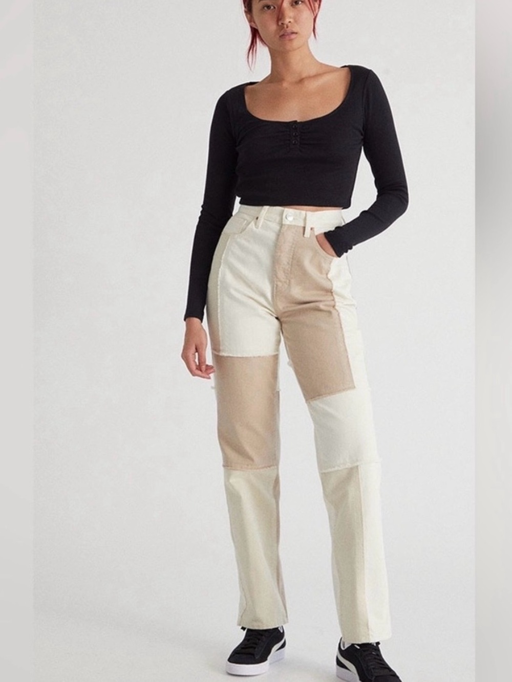 PacSun Patchwork Straight-Leg Jeans in Cream & Tan